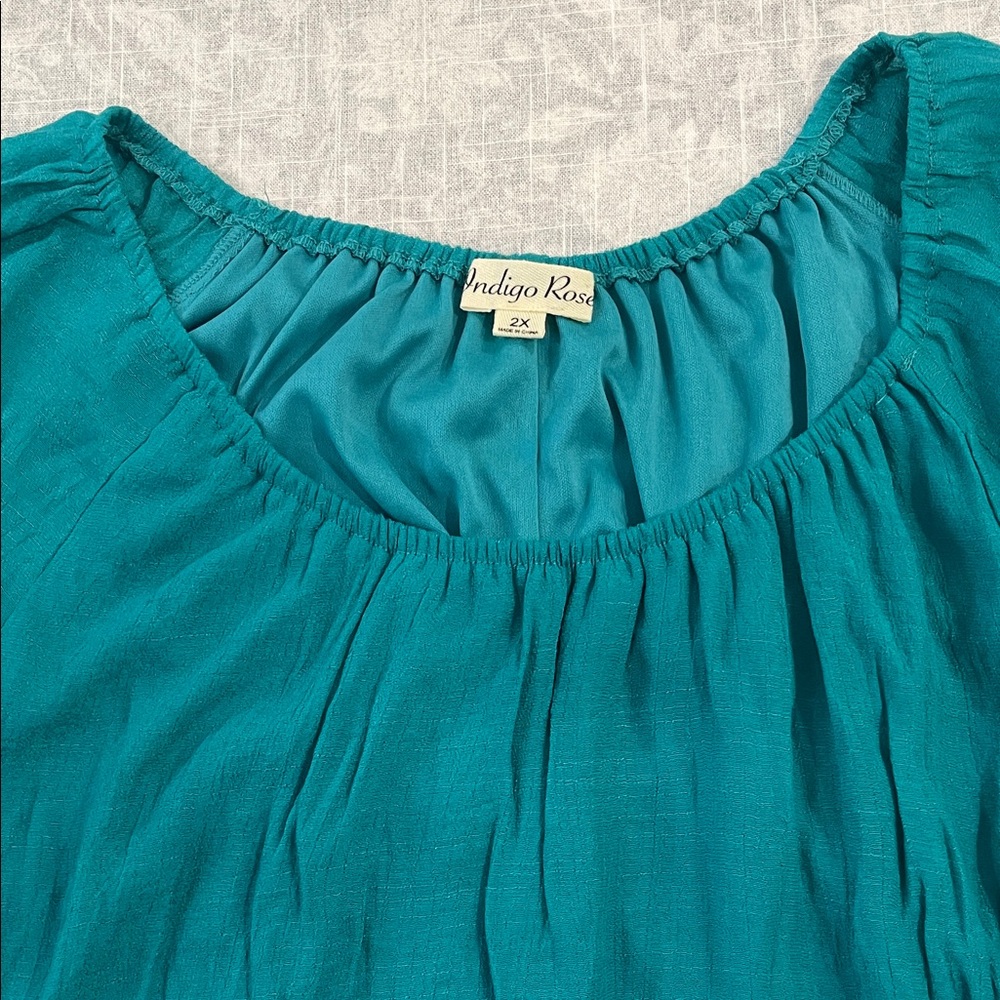 Flowy Teal Mini Dress with Ruffle Sleeves - Picture 9 of 13